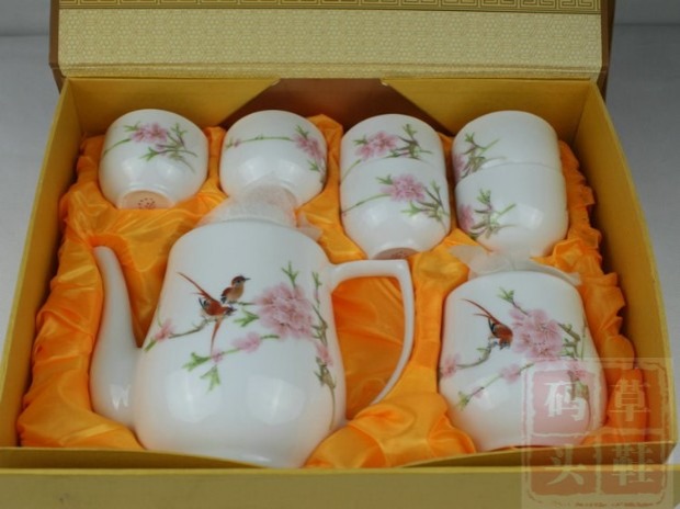 包邮 景德镇7501毛瓷 手绘水点桃花7头茶具套装 收藏精品礼品陶瓷_7折