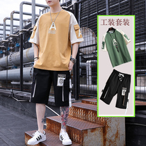 Summer overalls shorts male tide brand loose shoulder pure cotton short sleeve shorts suits students leisurely set handsome