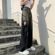 women's ripped gradient jeans new 2022 straight loose design miniature wide leg pants summer thin