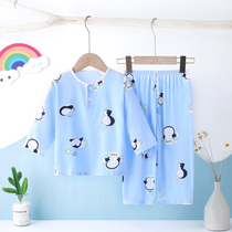 Children's Cotton Silk Pajamas Summer Mid-length Kids Boys Girls Long Sleeve Thin Silk Baby Home Air Conditioning Clothes Sets