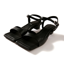 (SH0601318) effortlessly trendy French style with retro square head sheepskin low heel sandals