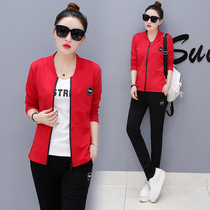 Casual sports suit womens 2021 spring and autumn new Korean loose baseball suit fashion sweater three-piece tide
