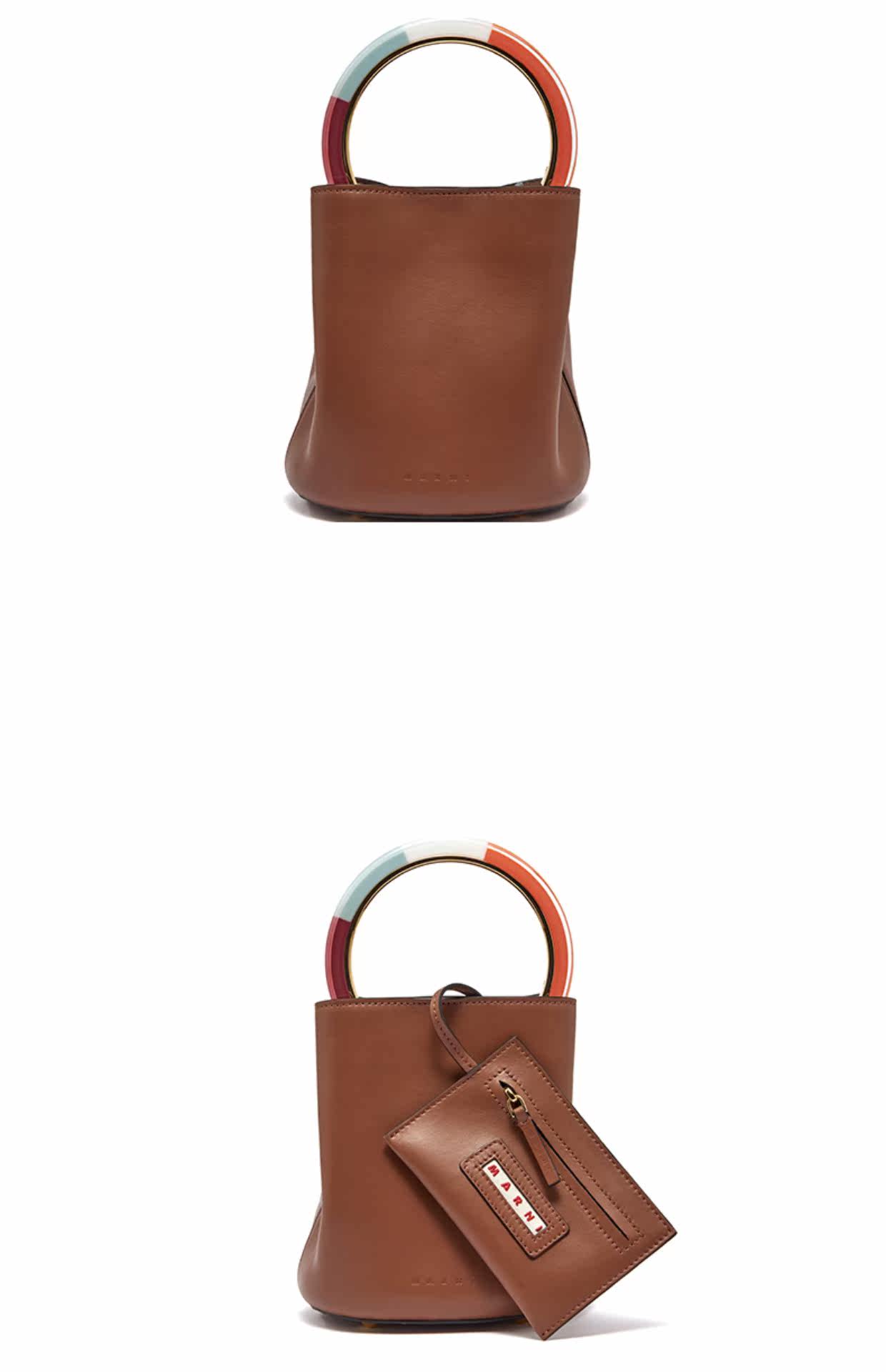 marni pannier 女士小号褐色光面小牛皮 彩虹手柄 斜挎水桶包_7折现价