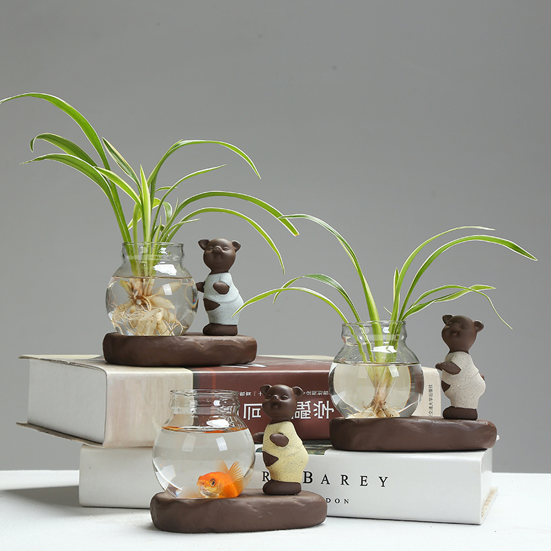 Contracted non - porous glass water raise money plant zen flowerpot ceramic bracketplant copper water raise grass flower POTS desktop furnishing articles