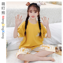 Child Sleepwear Summer Thin girl Pure cotton Home Clothing Suit Short Sleeve Shorts Girl Pure Color Cartoon Two Sets