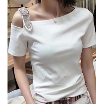 european station 2022 summer new european fashion all match off shoulder diamond slim short sleeve t-shirt women