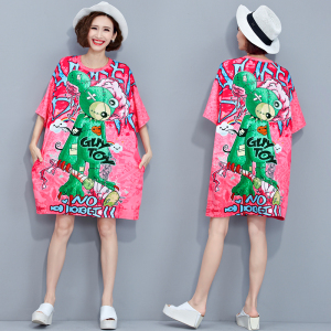 Cartoon casual Quarter Sleeve T-Shirt Medium Length loose half length T-shirt skirt