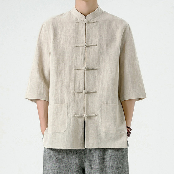 New Chinese -style men's flax short -sleeved shirt Men's summer Han Dynasty robe jacket Zhongshan dress Tang clothes horse gown New Chinese -style men's flax short -sleeved shirt Men's summer Han Dynasty robe jacket Zhongshan dress Tang clothes horse gown