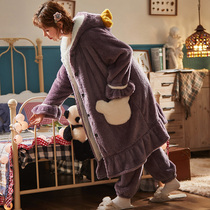 Pajamas Women Autumn and Winter Mickey Coral Velvet Nightdress Long Pants Set Flannel Nightdress Home Clothes Winter