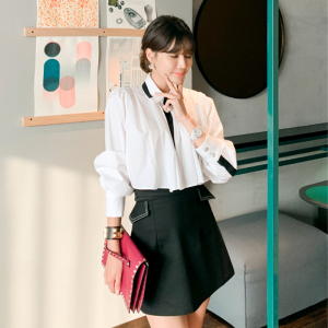 Korean style long sleeve white shirt high waist short skirt foreign style two piece set