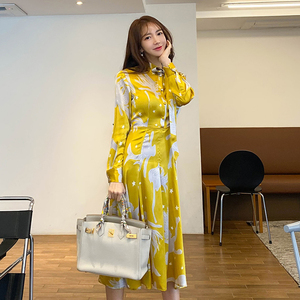 New Korean fashion printed bow tie Long Sleeve Silk Dress