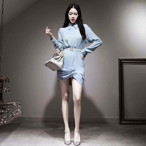 Spring Korean shirt collar straight breasted high waist panel personalized pleated hem dress