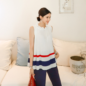 Summer Korean pleated design fashion contrast sleeveless shirt