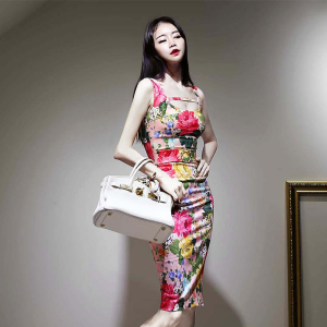 Spring Korean sleeveless high waist striped U-neck shoulder print round button slim dress