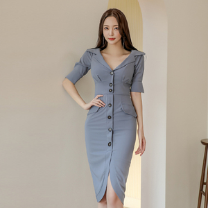 Summer Korean fashion style single breasted turtleneck slim fit package hip Short Sleeve Dress