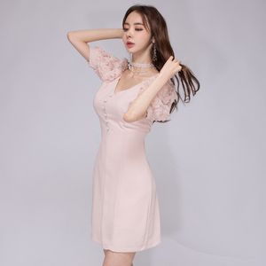 Korean sexy flower lace off shoulder slim dress