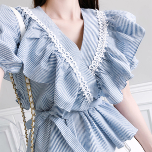 Summer Korean lady sweet belt lace shirt Ruffle Stripe Shirt