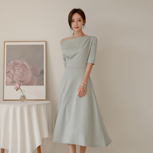 Autumn new style Korean style A-line dress with shoulder waist and waist