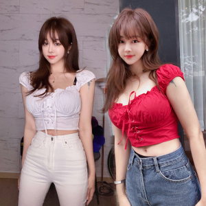 Korean fashion sexy tie waist style short large collar shirt top