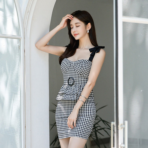 Summer high waist slim fit flounce plaid and buttocks dress