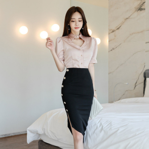 Spring and summer style hollow Lapel short sleeve shirt and side breasted buttock skirt