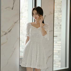 Korean new slim V-neck half sleeve waist closing lace dress