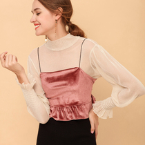 See-through sexy mesh bottoming shirt womens transparent thin section with spring and autumn thin gauze clothes semi-high neck lace sand top