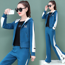 Casual sportswear suit womens spring and autumn 2021 New Fashion Womens wide leg pants show high loose three-piece set