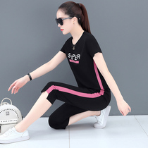 2021 brand new sports suit female summer thin short sleeve Capri pants fashion foreign style light luxury two-piece set