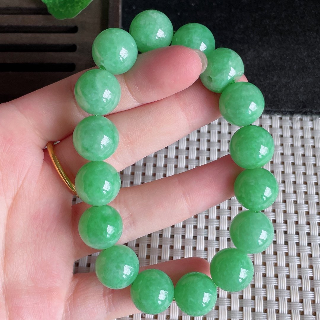 天然缅甸翡翠a货冰种满绿圆珠手串 手链手串项链男女款67.63g