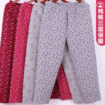 Middle-aged and elderly cotton warm pants plus size Spring and Autumn Winter home pants three layer thick printed cotton pants women