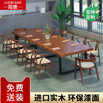 Wrought iron solid wood office desk and chair combination Long conference table Long table Simple modern office desktop trial negotiation table