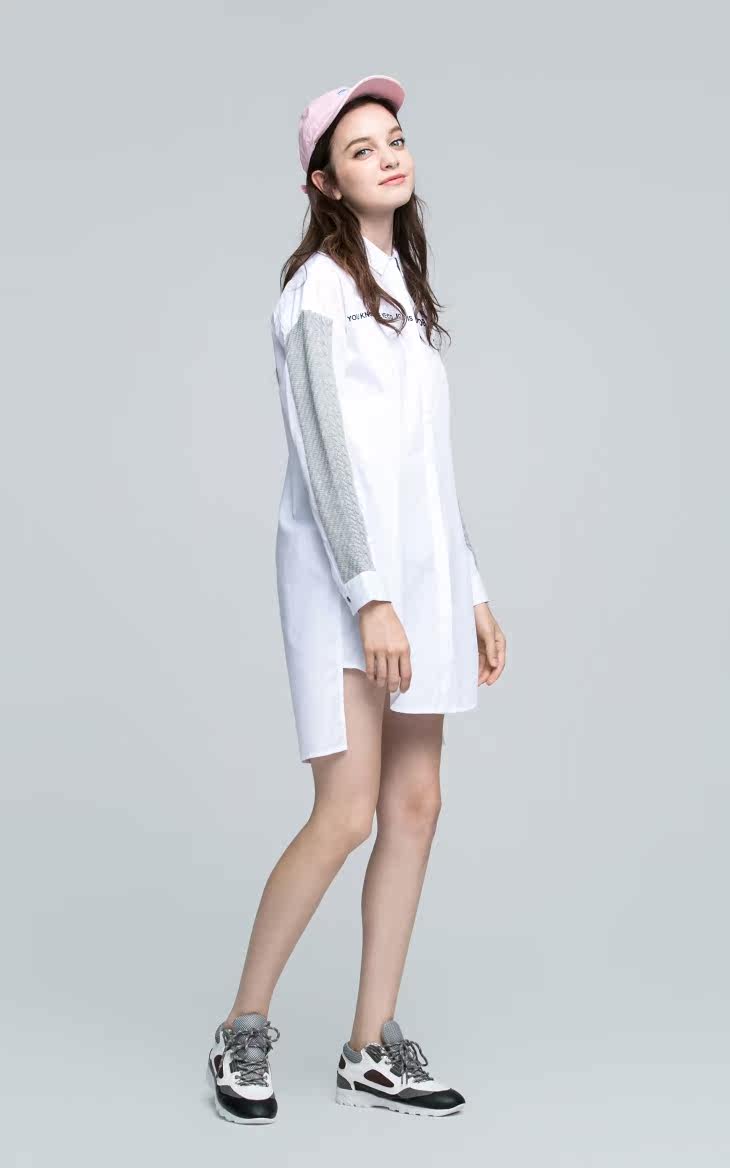 only2016秋装新纯棉长款拼接衬衫女t|116305534 白色 m