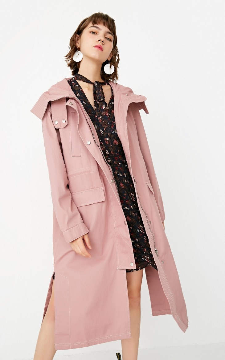 only开叉长款连帽风衣|117336539