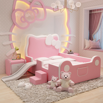 Childrens bed girl princess bed 1 5 solid wood single bed pink Kitty cat slide bed cartoon leather bed with guardrail