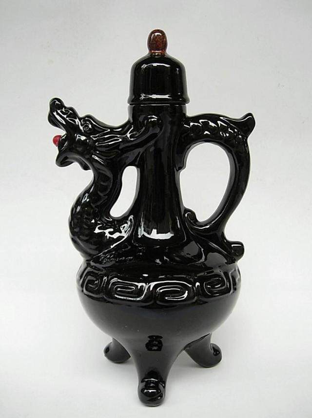 80年代怀旧古玩陶瓷器收藏品黑釉龙头造型酒瓶乌金釉酒具摆件空瓶
