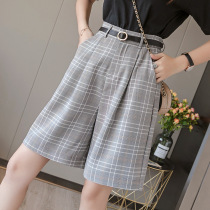 Summer plaid suit shorts women loose high waist straight 2021 casual middle pants five wide leg pants ins tide