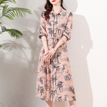 Double crepe true silk dress with dress lady print 2022 Spring new retro Korean version of the body 50% sleeves mulberry silk in a long dress