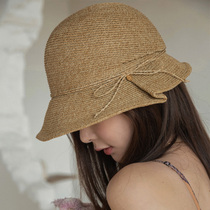 Straw hat female summer sun hat Korean fold label sunscreen fisherman hat bow sun hat foldable