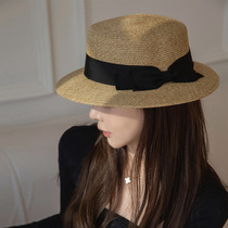INS new net red with fiber grass flat top hat flat edge sun protection UV British top hat small edge straw hat shade women