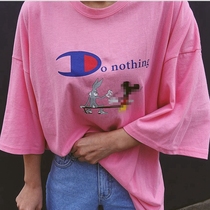 Special spot South Korea Dongdaemun summer female cotton cartoon rabbit printing loose large size leisure college bf wind T-shirt tide