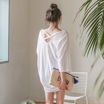 Spot South Korea Dongdaemun Spring and Summer Women's Cotton Loose Large Size Backless Sexy Short Sleeve Dress T-shirt College Tide
