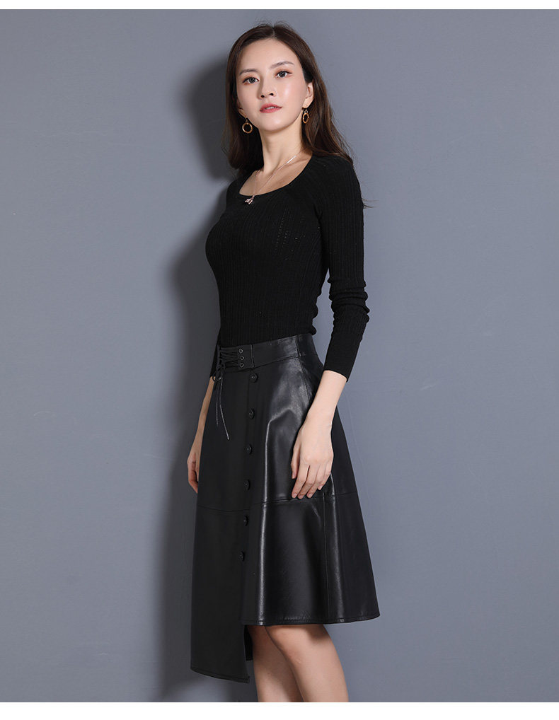 秋冬新款真皮皮裙女高腰中长款系带过膝绵羊皮不规则韩版摆裙