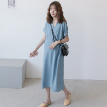 Pregnancy Woman Dress Summer Loaded With Knee Length Skirt Loose v collar Summer 2022 New mid-length cotton linen pure cotton Lions dress