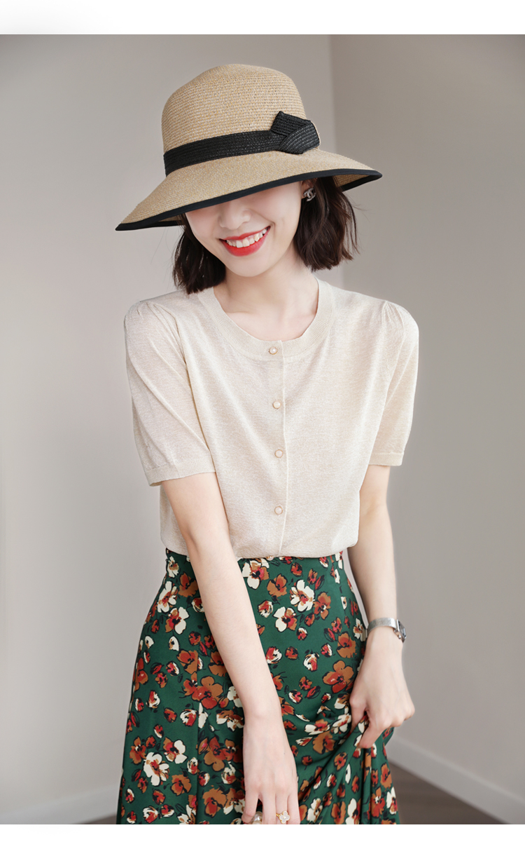 一眼爱到心里的精致感~ 单排金扣 亮丝线短袖针织开衫 - 怡情雅室