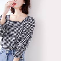 Immortal face value the feeling of spring ~ tonality full temperament square collar check seven-point sleeve pullover shirt