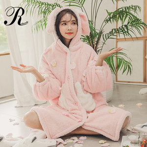 兔耳朵睡袍女秋冬可爱加厚加长款过膝保暖2019新款珊瑚绒女士大码
