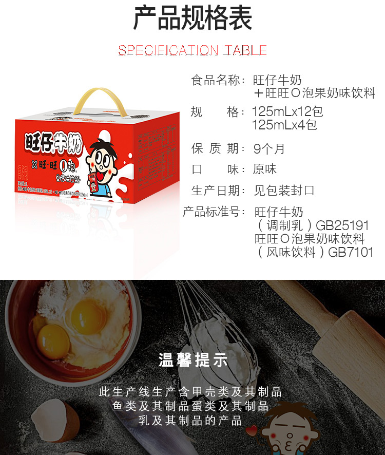 产品规格表PECIECALION ABL上食品名称:旺仔牛奶+旺旺O泡果奶味饮料规格:125mL×12包125mL×4包旺A保质期:9个月旺0口味:原味生产日期:见包装封口产品标准号:旺仔牛奶调制乳)GB2519旺旺○泡果奶味饮料(风味饮料)GB7101温馨提示此生产线生产含甲壳类及其制品鱼类及其制品蛋类及其制品乳及其制品的产品co-推好价 | 品质生活 精选好价