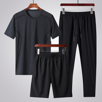 Summer mens T-shirt quick-drying sports three-piece suit increased middle-aged and elderly Ice Silk father short-sleeved T-shirt middle-aged father