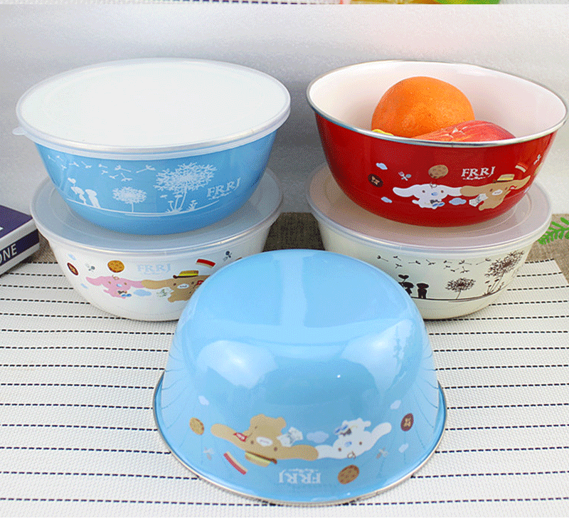 加厚经典珐琅带盖碗盆老式猪油碗家用饺子馅料盆盖碗保鲜碗